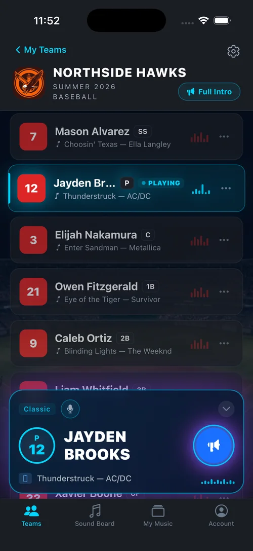 WalkAmp app lineup screen with a walk-up song assigned to every player and the announcer ready for the batter