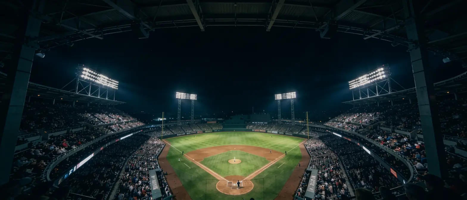 Baseball field lit up for a night game with fans in the stands